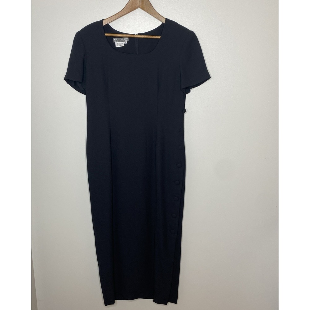 Maggie London Sheath Black Dress Women Size 12 Petite Side Buttons Lined